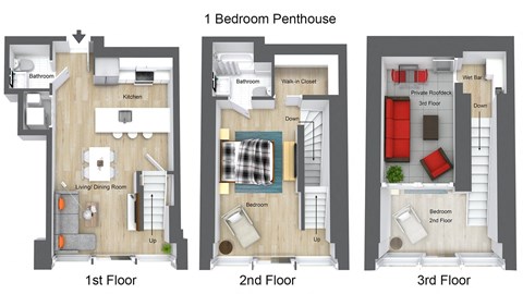 Floor plan for 1 bed, 1.5 baths, 1200 sqft